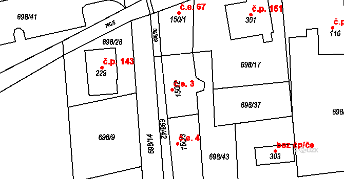 Škrdlovice 3 na parcele st. 150/2 v KÚ Škrdlovice, Katastrální mapa