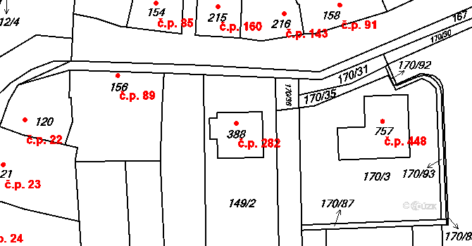 Louky 282, Zlín na parcele st. 388 v KÚ Louky nad Dřevnicí, Katastrální mapa