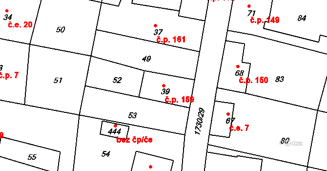 Jiřetín pod Jedlovou 159 na parcele st. 39 v KÚ Jiřetín pod Jedlovou, Katastrální mapa