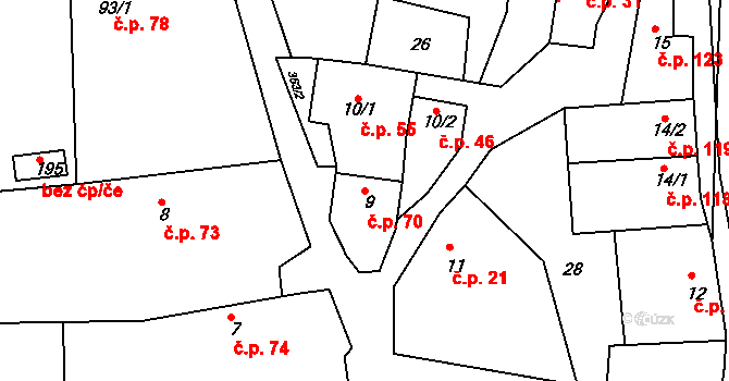 Hroubovice 70 na parcele st. 9 v KÚ Hroubovice, Katastrální mapa