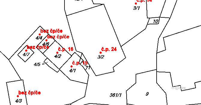 Hošťalovice 24 na parcele st. 3/2 v KÚ Hošťalovice, Katastrální mapa