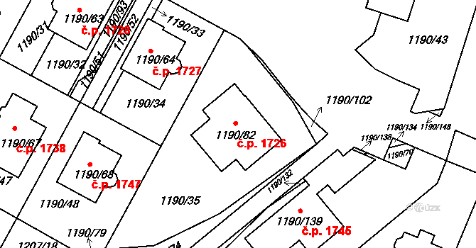 Hostivice 1726 na parcele st. 1190/82 v KÚ Hostivice, Katastrální mapa