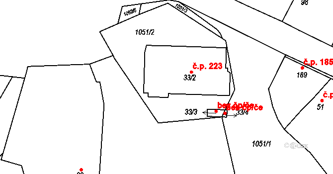 Tuhaň 223 na parcele st. 33/2 v KÚ Tuhaň, Katastrální mapa