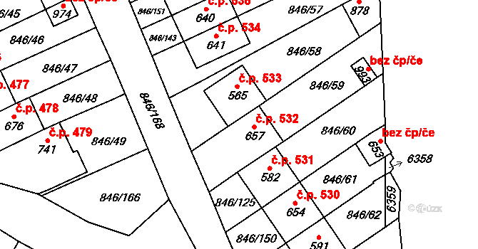 Lysice 532 na parcele st. 657 v KÚ Lysice, Katastrální mapa
