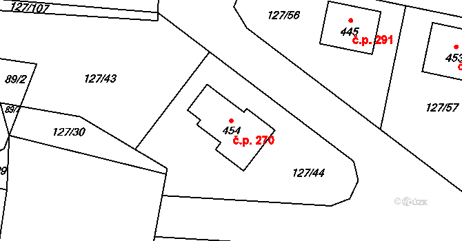 Minice 270, Kralupy nad Vltavou na parcele st. 454 v KÚ Minice u Kralup nad Vltavou, Katastrální mapa