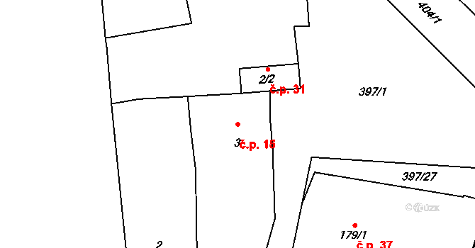 Dolní Hradiště 15 na parcele st. 3 v KÚ Dolní Hradiště, Katastrální mapa