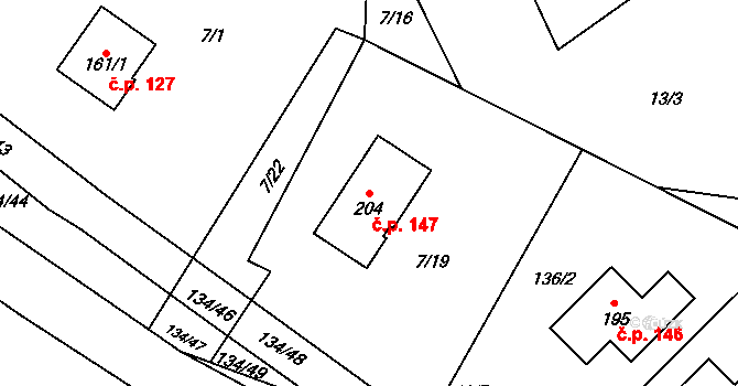 Černouček 147 na parcele st. 204 v KÚ Černouček, Katastrální mapa