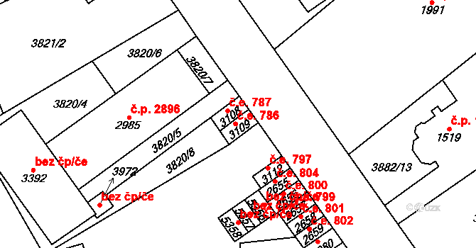 Žatec 786 na parcele st. 3109 v KÚ Žatec, Katastrální mapa
