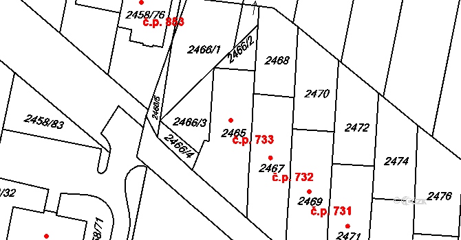 Klobouky u Brna 733 na parcele st. 2465 v KÚ Klobouky u Brna, Katastrální mapa