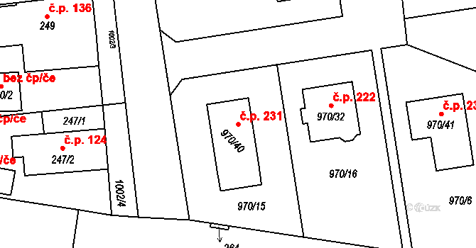 Meclov 231 na parcele st. 970/40 v KÚ Meclov, Katastrální mapa