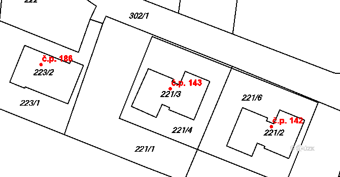 Hlízov 143 na parcele st. 221/3 v KÚ Hlízov, Katastrální mapa