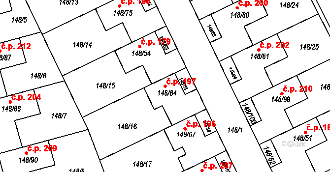 Týneček 197, Olomouc na parcele st. 148/64 v KÚ Týneček, Katastrální mapa