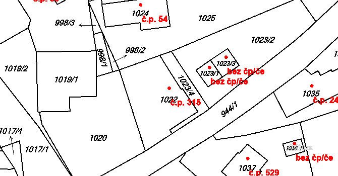Arnultovice 315, Nový Bor na parcele st. 1022 v KÚ Arnultovice u Nového Boru, Katastrální mapa