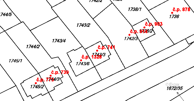 Slavíkovice 741, Rousínov na parcele st. 1743/3 v KÚ Rousínov u Vyškova, Katastrální mapa