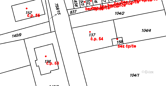 Vlastibořice 54 na parcele st. 137 v KÚ Vlastibořice, Katastrální mapa