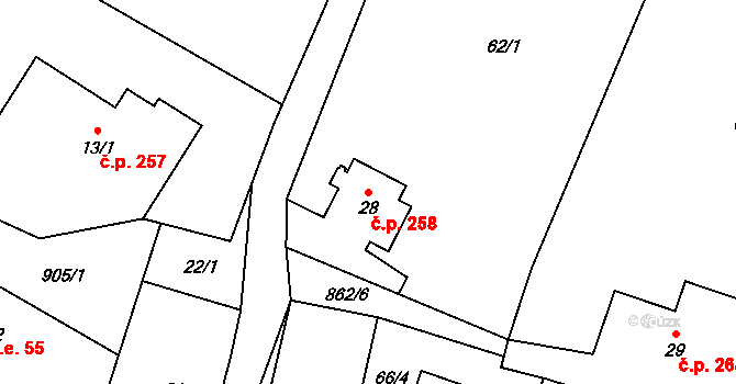 Bernartice 258 na parcele st. 28 v KÚ Bečkov, Katastrální mapa