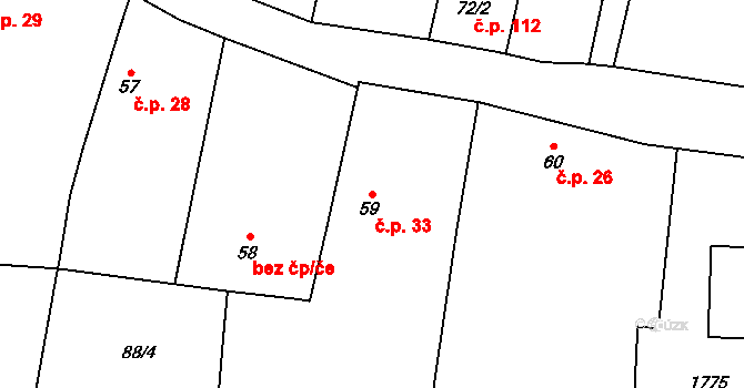 Malešov 33, Hoštka na parcele st. 59 v KÚ Malešov u Hoštky, Katastrální mapa