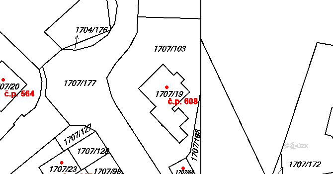 Miřetice u Klášterce nad Ohří 608, Klášterec nad Ohří na parcele st. 1707/19 v KÚ Miřetice u Klášterce nad Ohří, Katastrální mapa