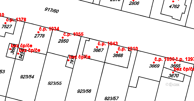 Horka-Domky 1043, Třebíč na parcele st. 3667 v KÚ Třebíč, Katastrální mapa