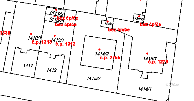 Teplice 2755 na parcele st. 1414/2 v KÚ Teplice, Katastrální mapa