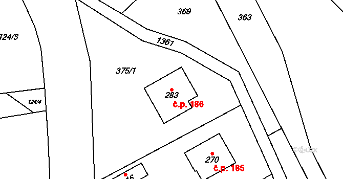 Dolní Kalná 186 na parcele st. 283 v KÚ Dolní Kalná, Katastrální mapa