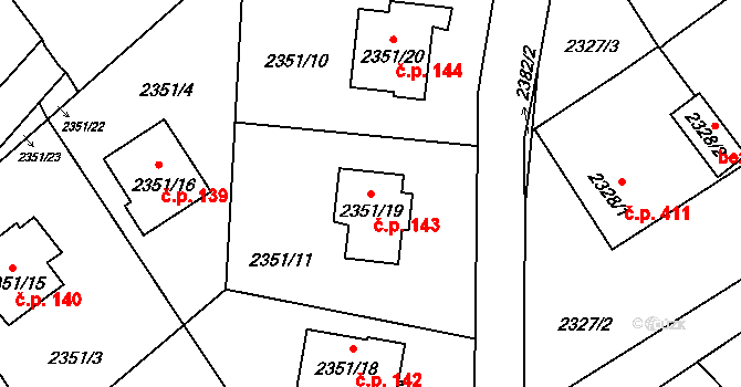 Hranice 143, Karviná na parcele st. 2351/19 v KÚ Karviná-město, Katastrální mapa