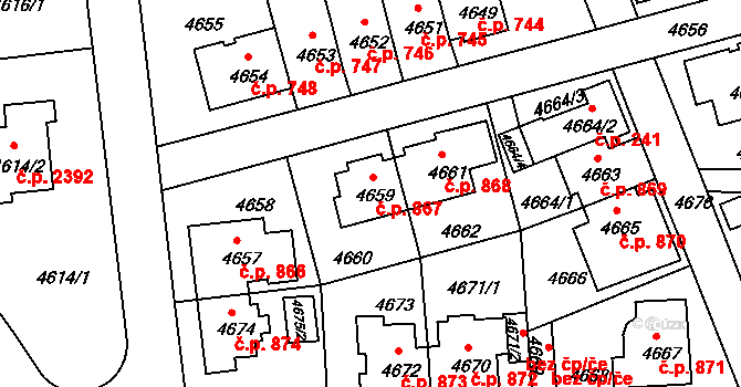 Záběhlice 867, Praha na parcele st. 4659 v KÚ Záběhlice, Katastrální mapa