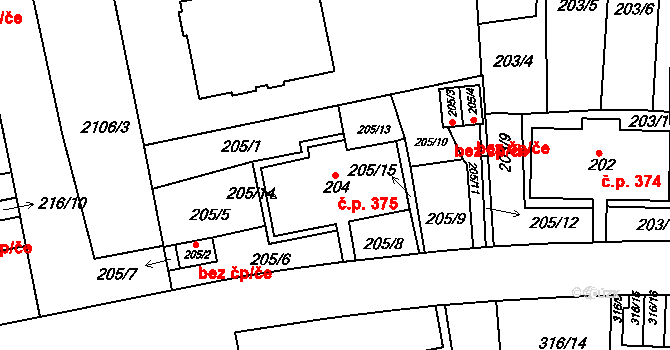 Košíře 375, Praha na parcele st. 204 v KÚ Košíře, Katastrální mapa