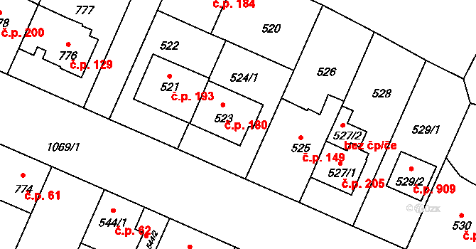 Čimice 180, Praha na parcele st. 523 v KÚ Čimice, Katastrální mapa
