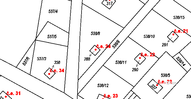 Roveň 24, Všelibice na parcele st. 288 v KÚ Všelibice, Katastrální mapa