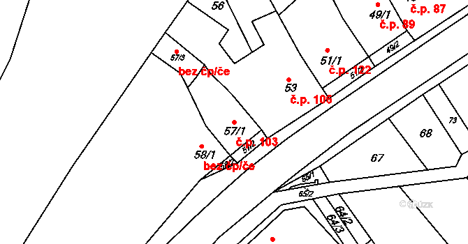Kanice 103 na parcele st. 57/1 v KÚ Kanice, Katastrální mapa