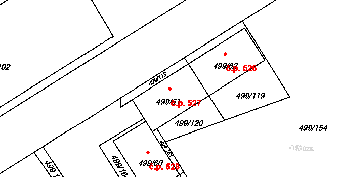 Ráj 527, Karviná na parcele st. 499/61 v KÚ Ráj, Katastrální mapa