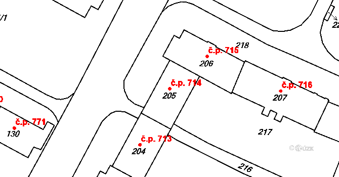 Šumbark 714, Havířov na parcele st. 205 v KÚ Šumbark, Katastrální mapa