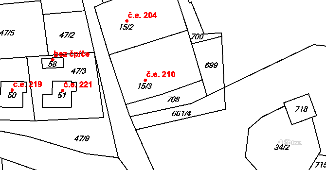 Jindřichovice 210 na parcele st. 15/3 v KÚ Poušť, Katastrální mapa