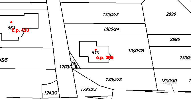 Tečovice 395 na parcele st. 619 v KÚ Tečovice, Katastrální mapa