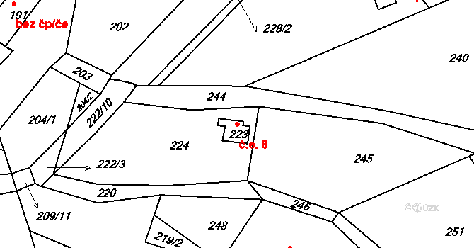 Štípa 8, Zlín na parcele st. 223 v KÚ Štípa, Katastrální mapa