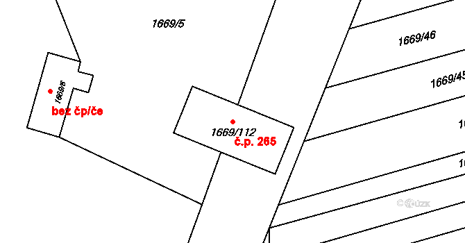 Pustiměřské Prusy 265, Pustiměř na parcele st. 1669/112 v KÚ Pustiměř, Katastrální mapa