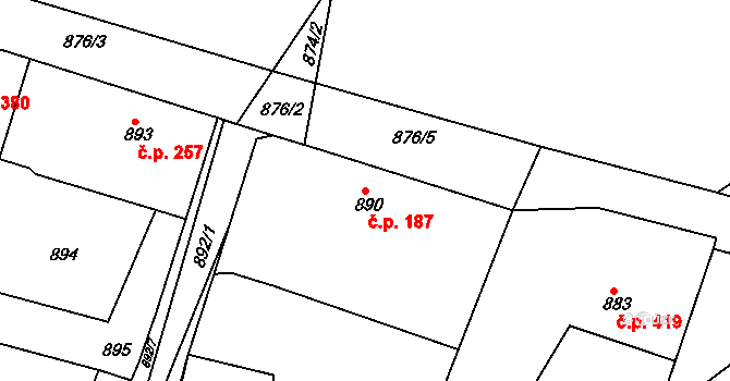 Želechovice nad Dřevnicí 187 na parcele st. 890 v KÚ Želechovice nad Dřevnicí, Katastrální mapa