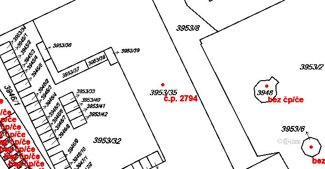Východní Předměstí 2794, Plzeň na parcele st. 3953/35 v KÚ Plzeň, Katastrální mapa