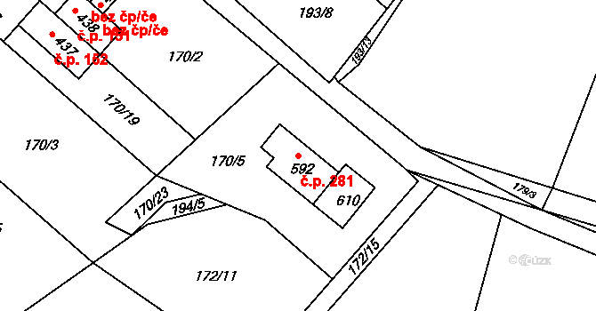 Roudnička 281, Hradec Králové na parcele st. 592 v KÚ Roudnička, Katastrální mapa