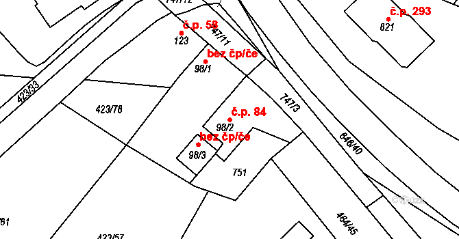 Prachovice 84 na parcele st. 98/2 v KÚ Prachovice, Katastrální mapa