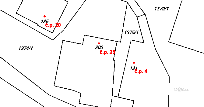 Kvasín 25, Tisovec na parcele st. 203 v KÚ Kvasín, Katastrální mapa