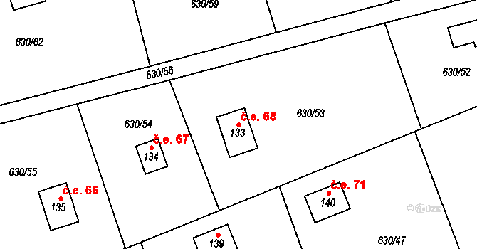 Kytín 68 na parcele st. 133 v KÚ Kytín, Katastrální mapa