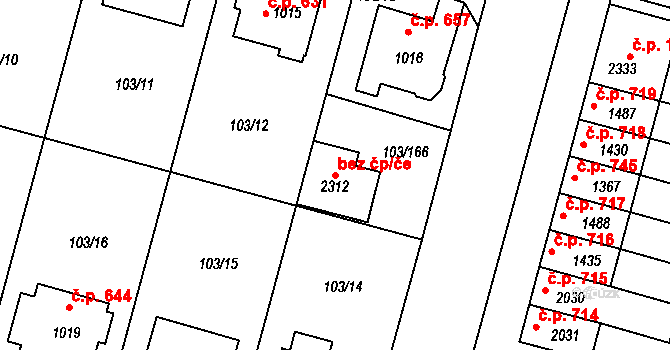 Třebíč 87787377 na parcele st. 2312 v KÚ Podklášteří, Katastrální mapa