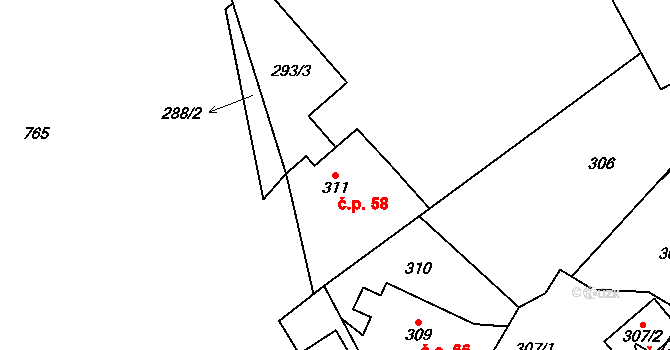 Čeřeniště 58, Malečov na parcele st. 311 v KÚ Čeřeniště, Katastrální mapa