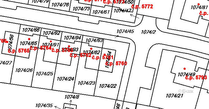 Jihlava 5760 na parcele st. 1074/64 v KÚ Jihlava, Katastrální mapa