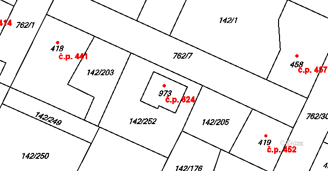 Chotěšov 624 na parcele st. 973 v KÚ Chotěšov, Katastrální mapa