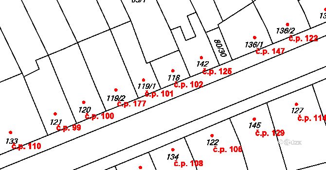 Dřevnovice 102 na parcele st. 118 v KÚ Dřevnovice, Katastrální mapa