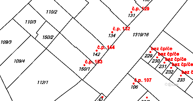 Křídlůvky 144 na parcele st. 142 v KÚ Křídlůvky, Katastrální mapa