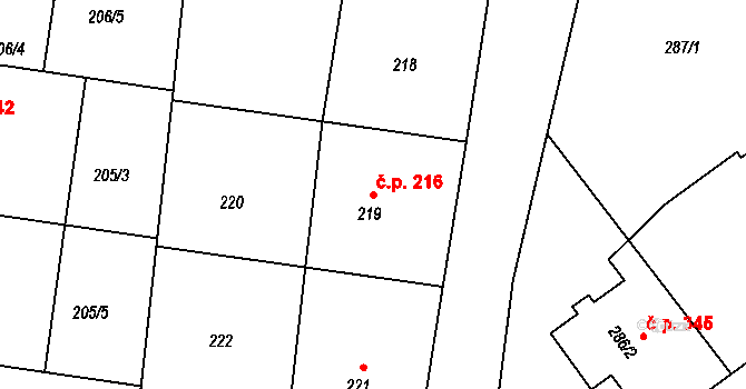 Malešov 216 na parcele st. 219 v KÚ Malešov, Katastrální mapa